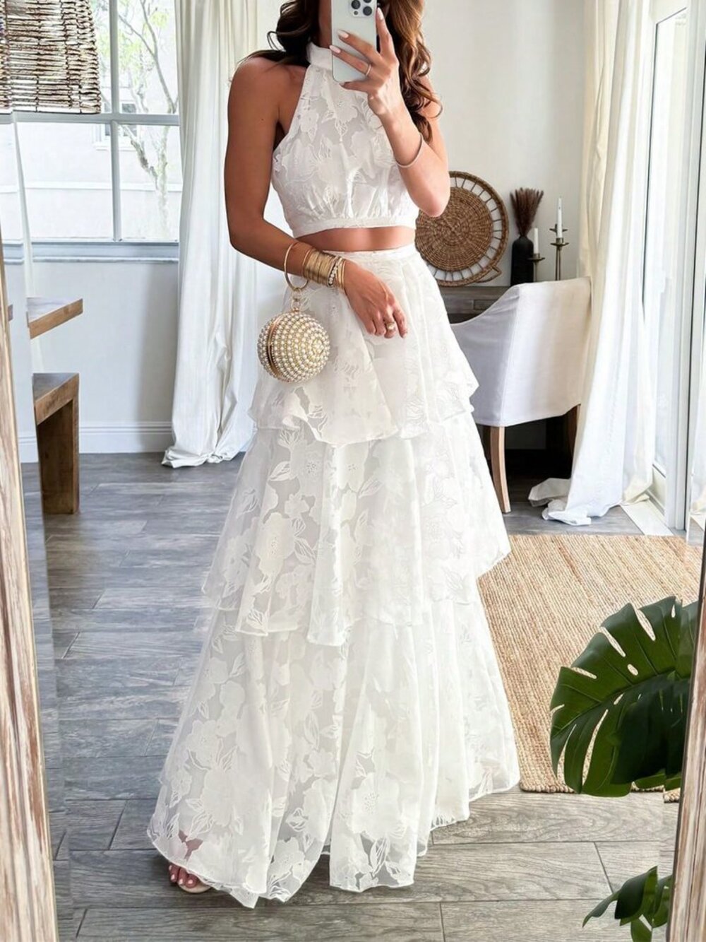 White Boho Women's Elegant Romantic Multilayer Cake Skirt Two Pieces - Picture 3 of 6